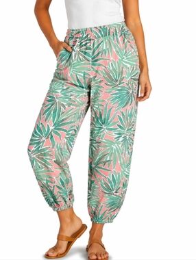 Sigrid Olson 100% Linen Pink & Green Tropical Palm Leaf Print Wide Leg Crop Pant